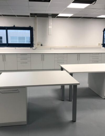 Muebles ergonómicos a medida en laboratorio clínico, diseñados para un almacenamiento fácil y seguro.